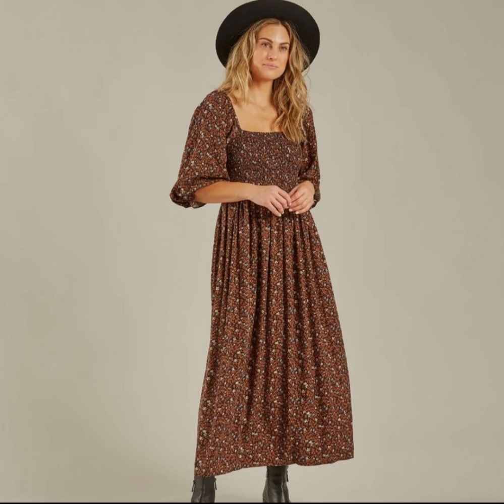 Rylee + Cru Midi Floral Winter Bloom Adelaide Dress with Puff Sleeves, Size XS